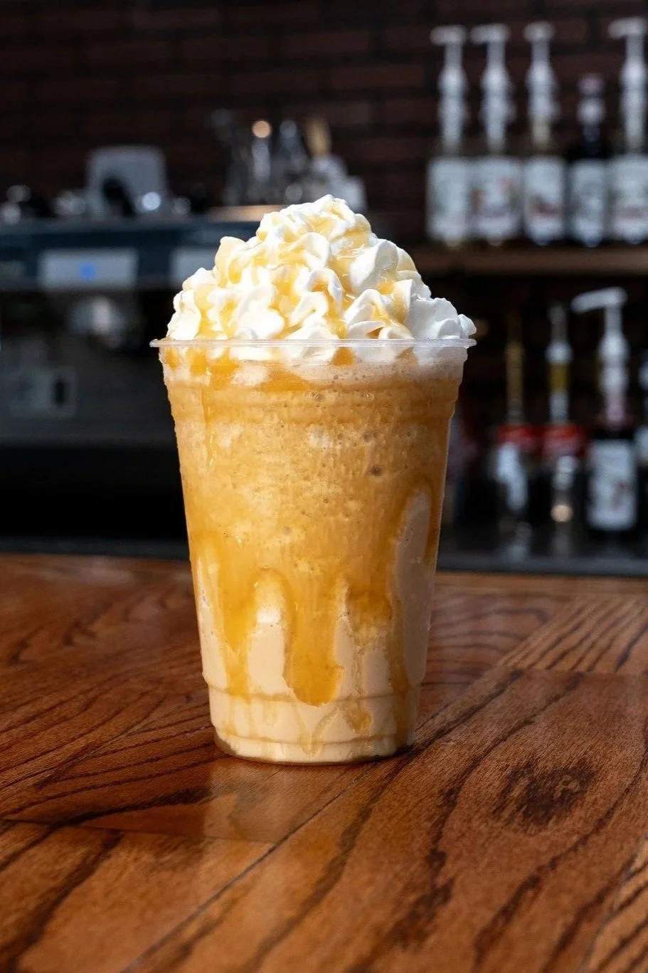Frozen coffee drink topped with whipped cream served at Kaffee Klatsch in Dayton, Virginia.