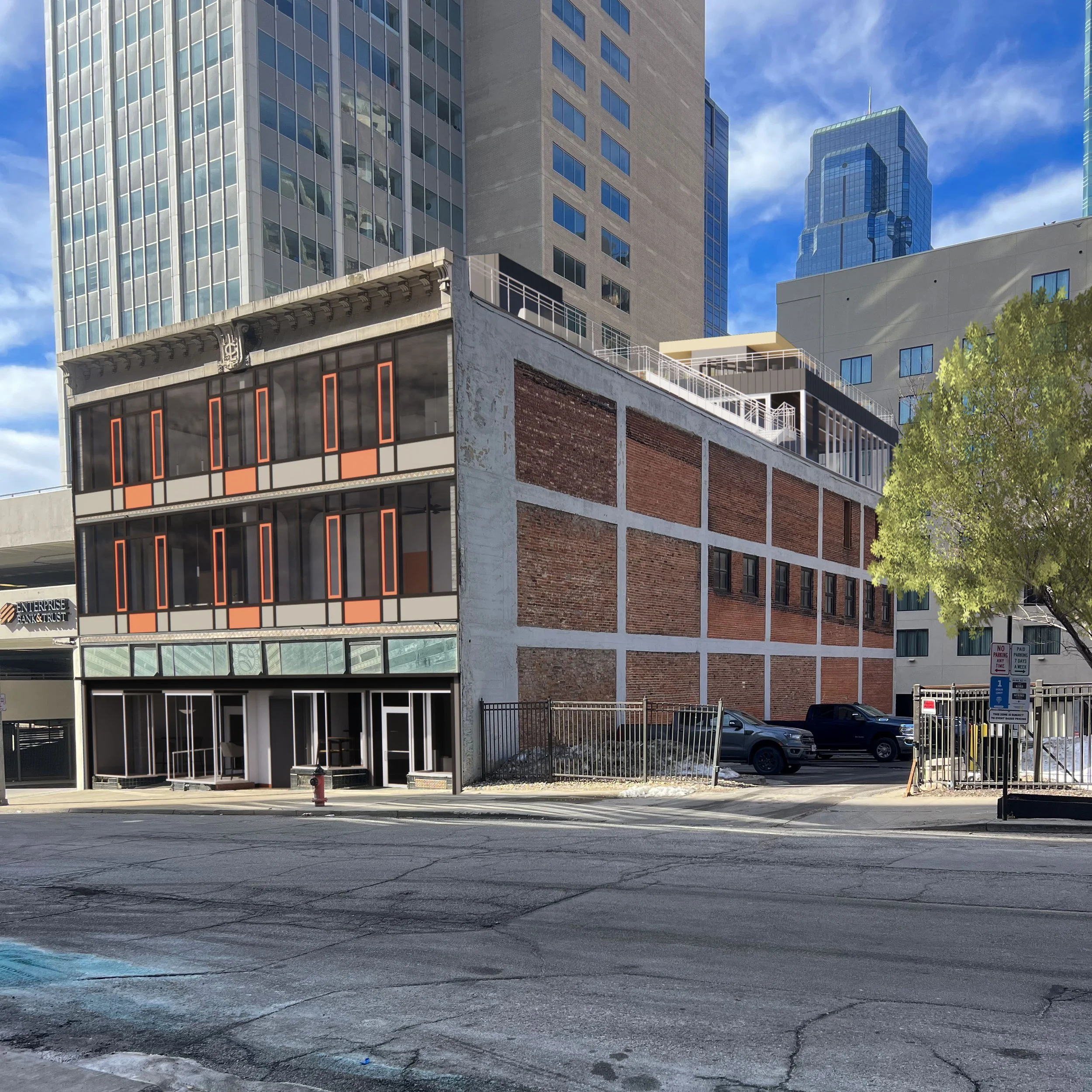 A city street scene with a mix of modern and older buildings, parked cars, and a tree on the right side under a blue sky with some clouds.