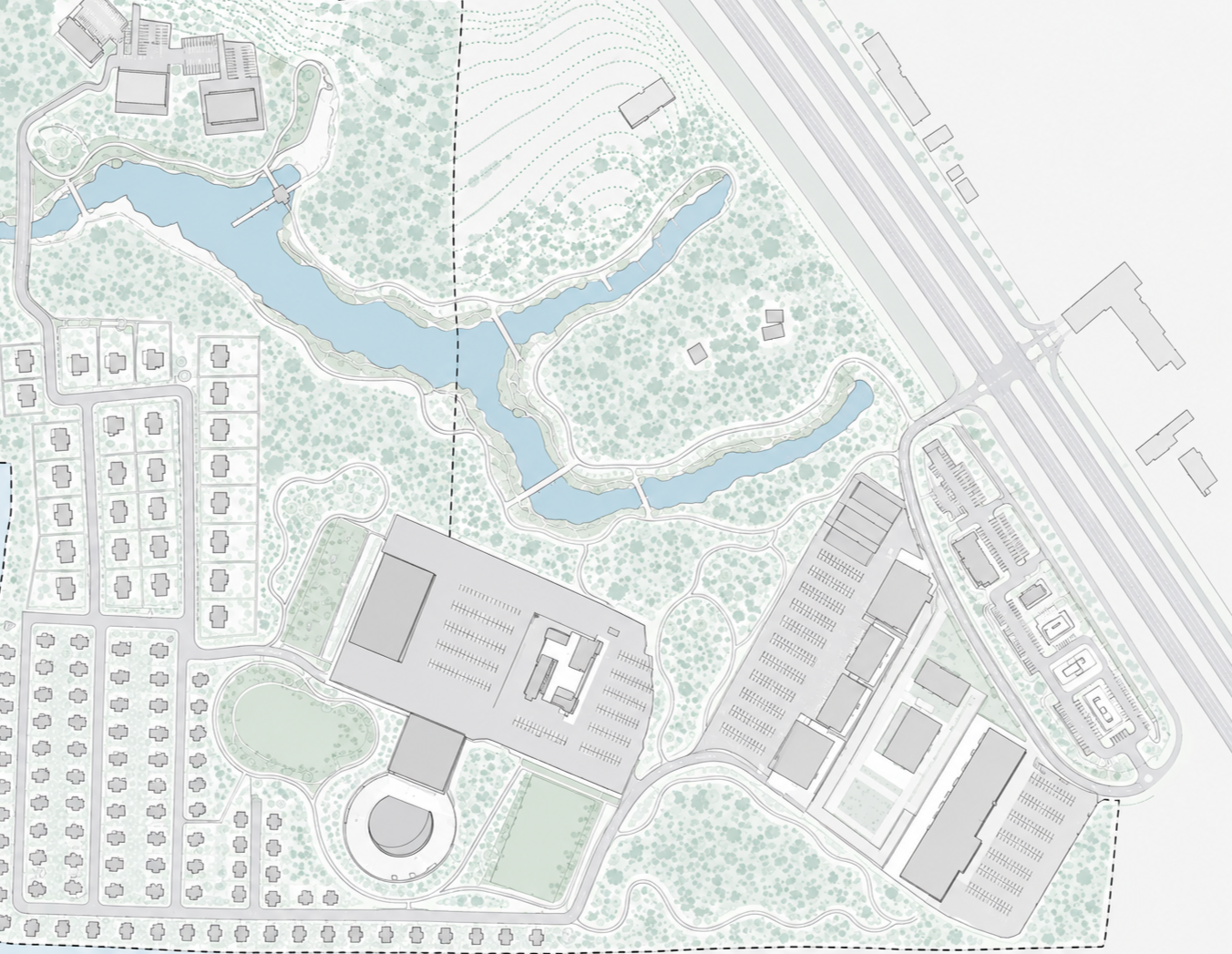 A detailed map of a park with winding water bodies, walking trails, and surrounding buildings and parking lots.