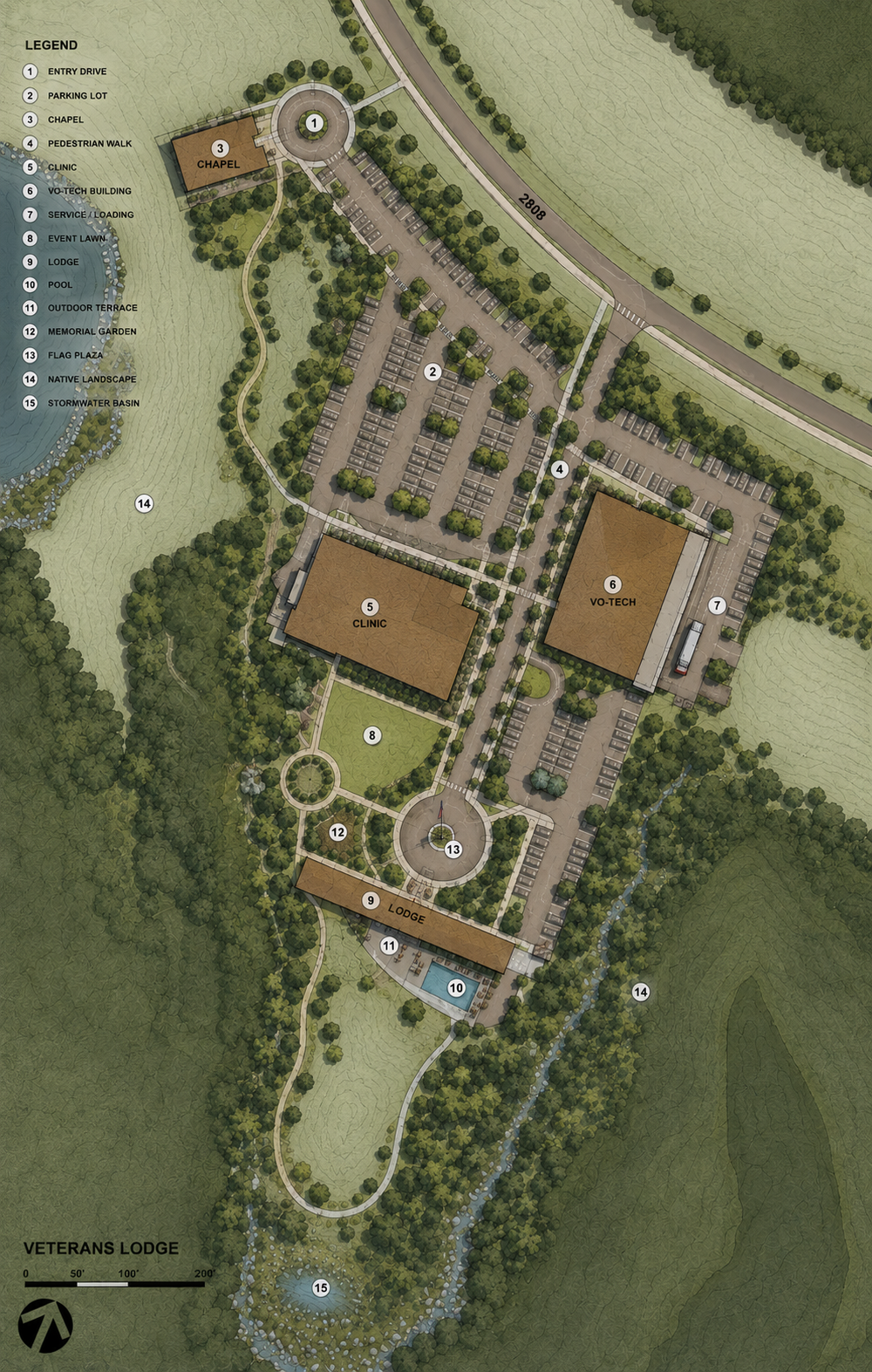 A detailed site map of Veterans Lodge showing labeled features such as entry drive, parking lots, chapel, pedestrian walk, clinic, VO-TECH building, service/loading area, event lawn, lodge, pool, outdoor terrace, memorial garden, flag plaza, native landscape, and stormwater basin, surrounded by wooded areas and a creek.