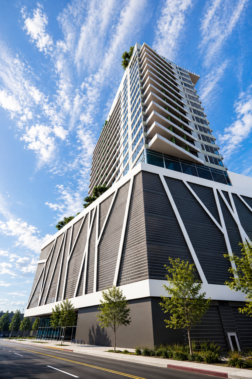 A tall modern building with unique architectural design featuring angled balconies and large windows, set against a blue sky with scattered clouds, with small trees along the street at the base.