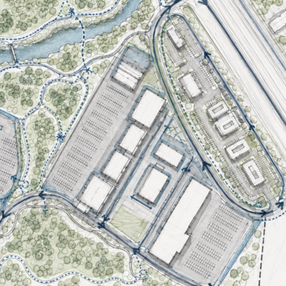 Architectural landscape plan showing building layouts, parking lots, pathways, water features, and green spaces with directional flow indicated by blue arrows.