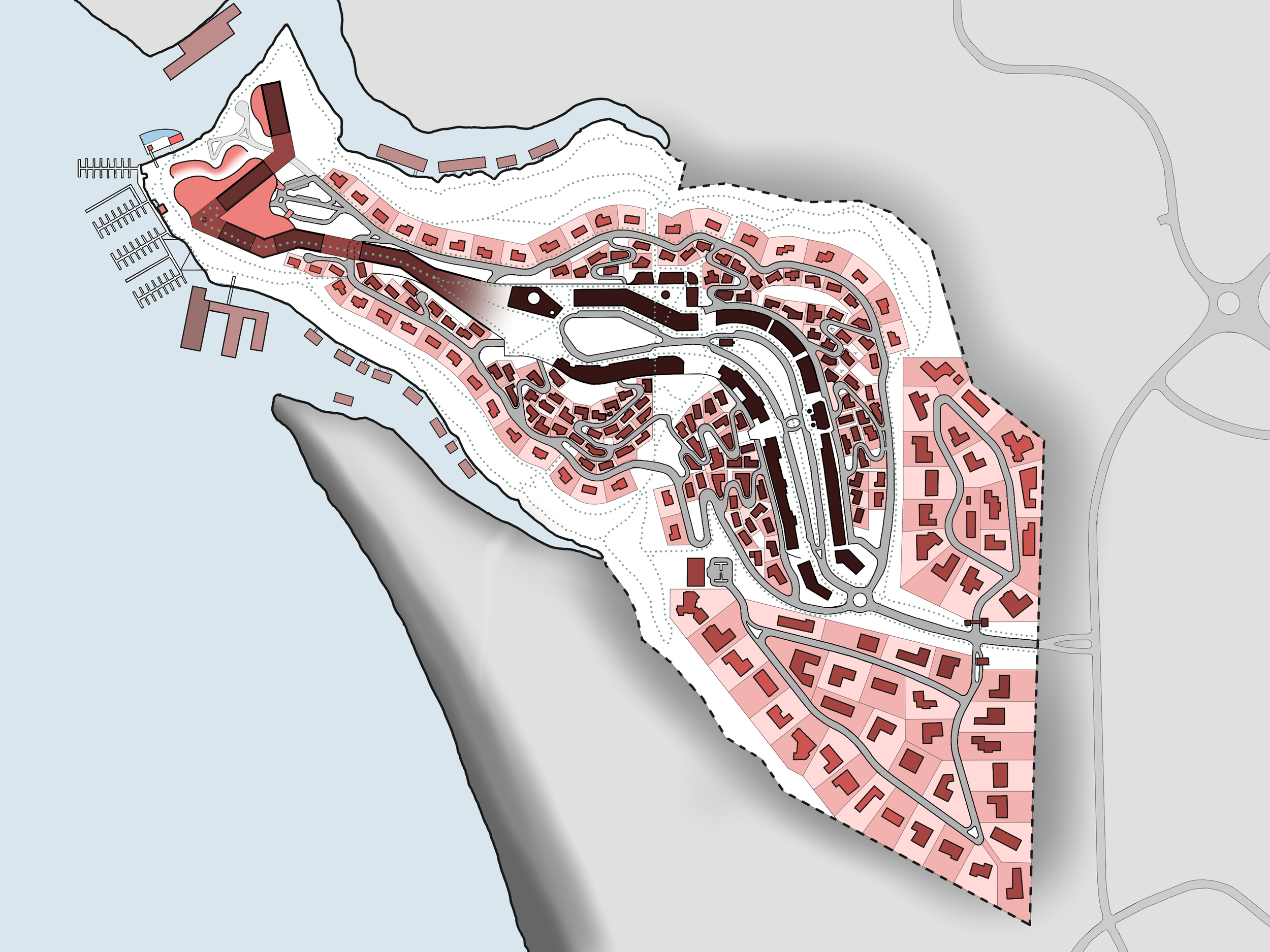 A detailed map of a coastal town with roads, buildings, and water features, including harbor docks, residential areas, and natural terrain.