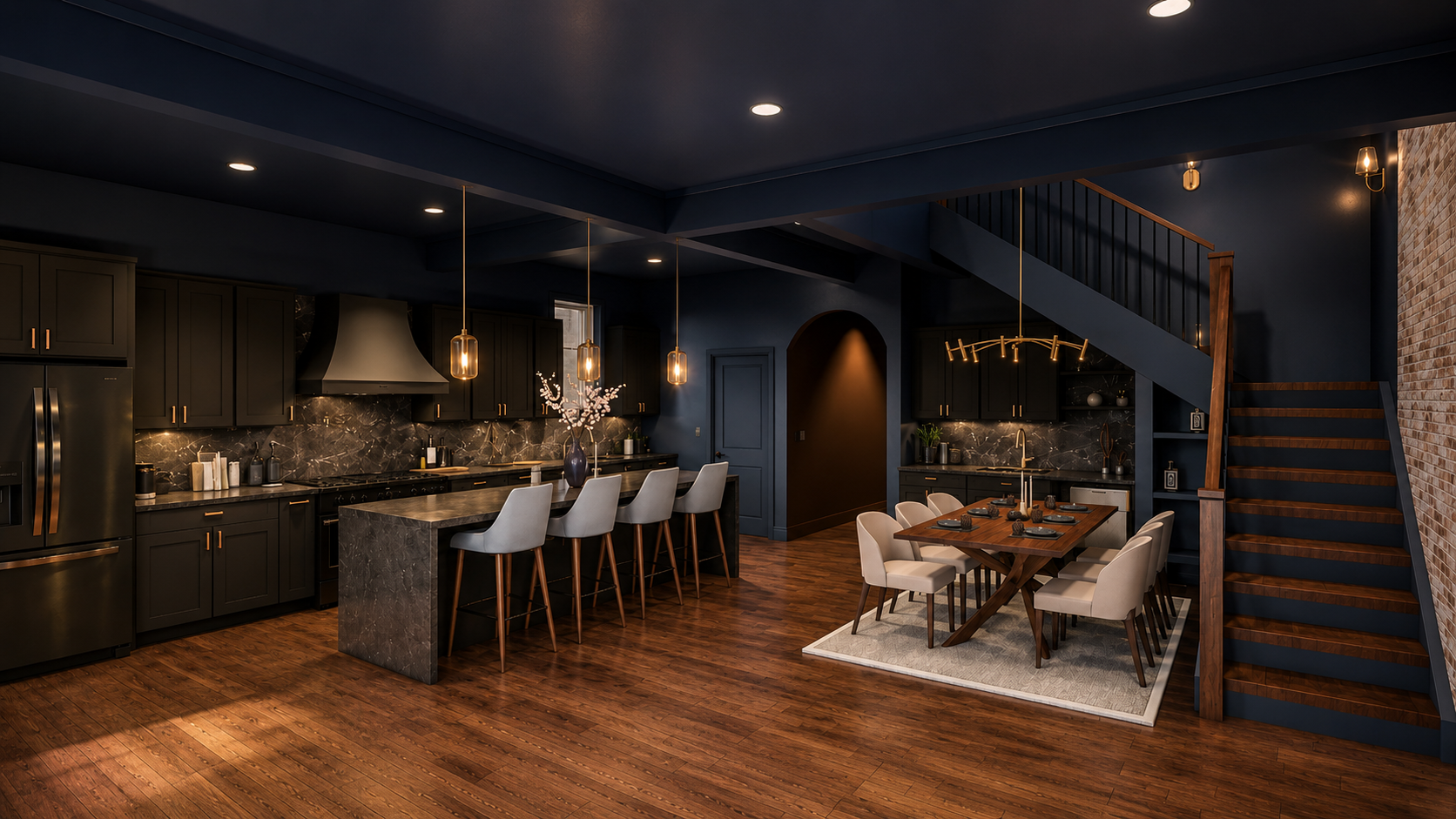 Modern kitchen and dining area with dark cabinetry, marble countertops, and wooden flooring, featuring a staircase with wooden steps and black railing.