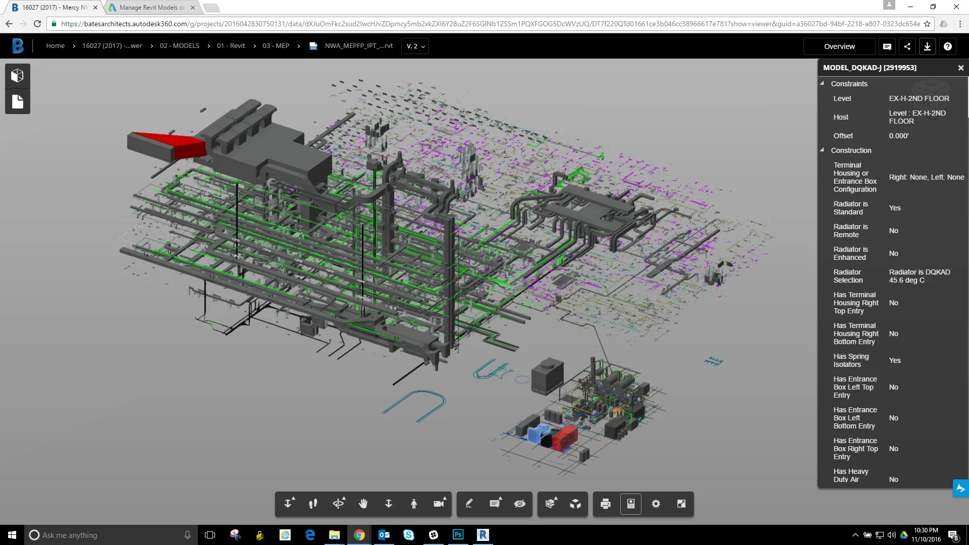3D model of building's interior mechanical, electrical, and plumbing systems with pipes, ducts, and equipment, viewed from an elevated angle.