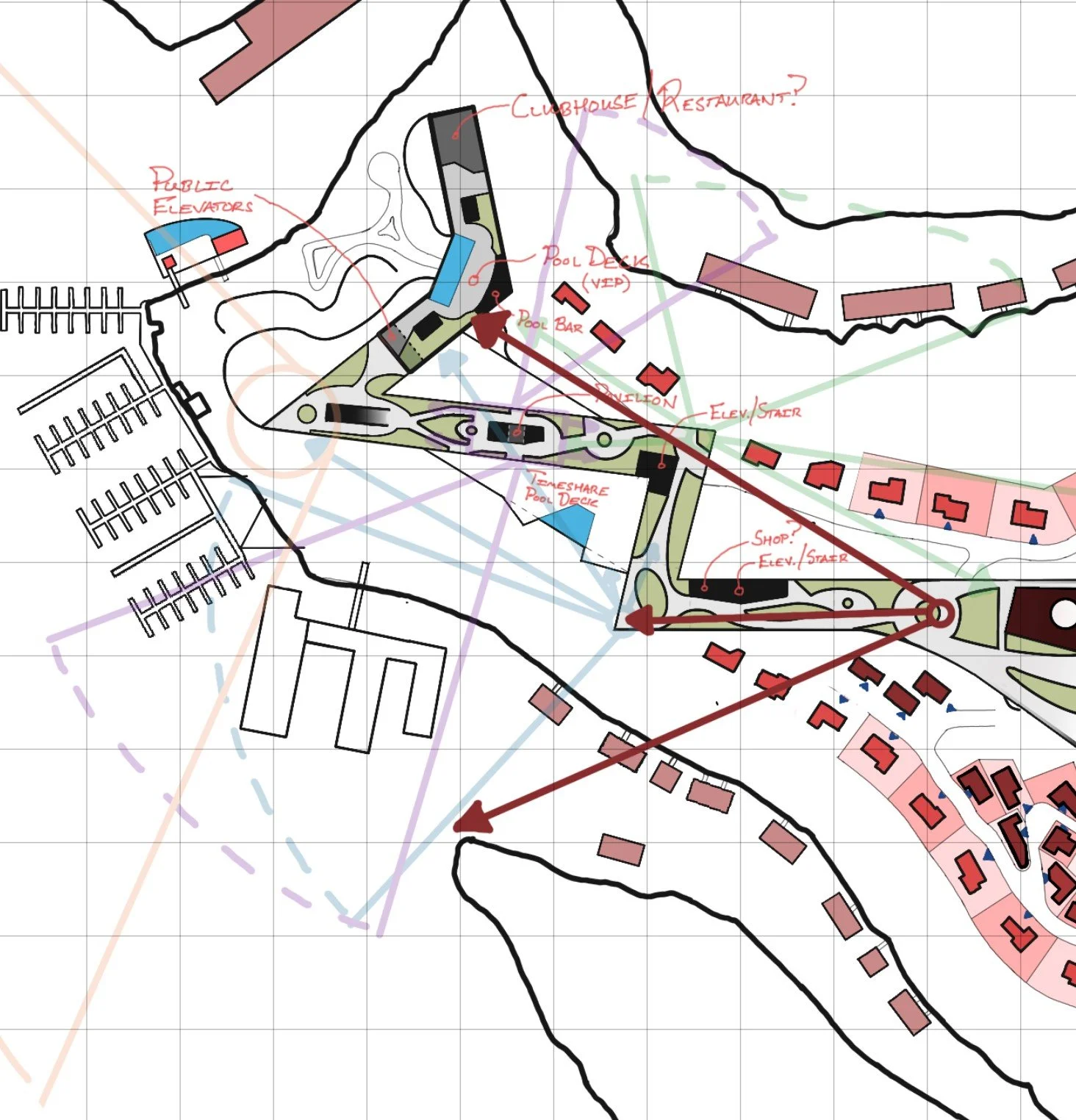 A detailed site plan map of a residential and recreational area showing buildings, parking lots, pools, a clubhouse, and outdoor features, with handwritten notes labeling various structures and amenities.
