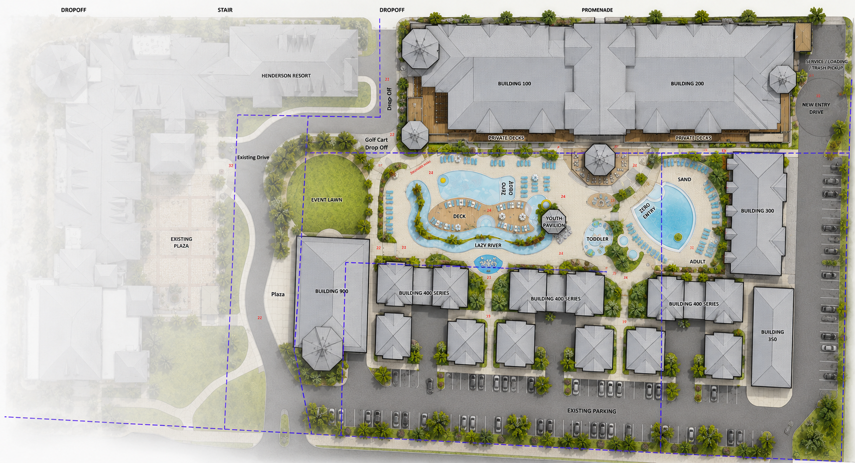A master plan of a resort or hotel complex featuring buildings, pools, a playground, parking lots, and landscaping.