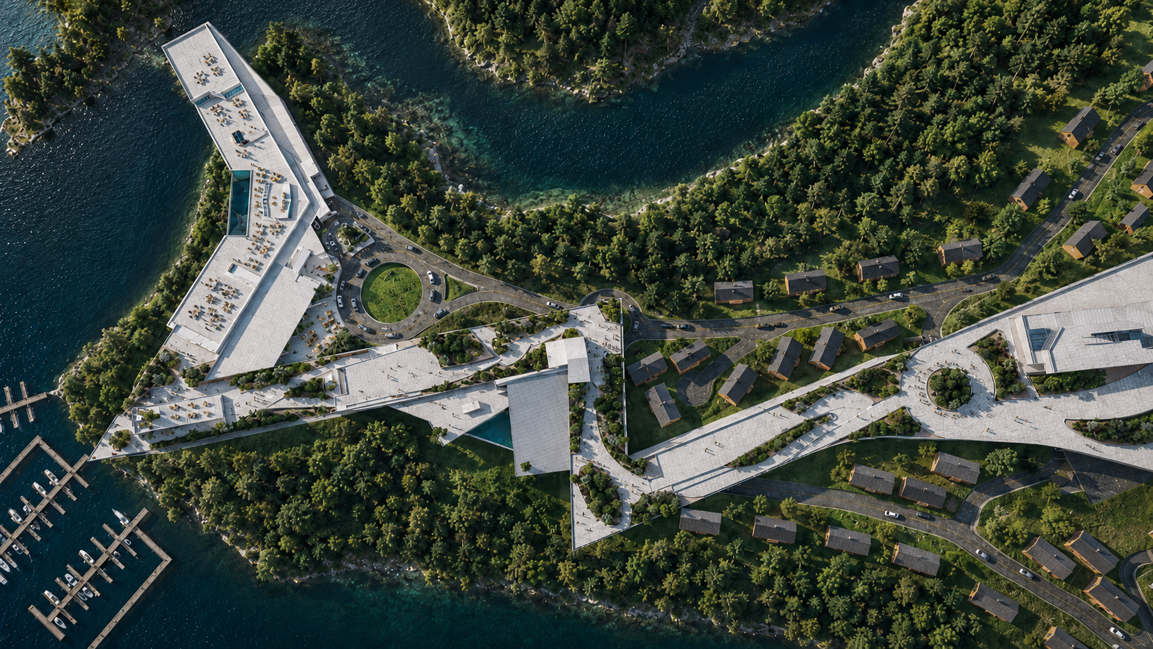 Aerial view of a modern, white architectural building complex surrounded by lush green trees, water bodies, and a residential neighborhood.