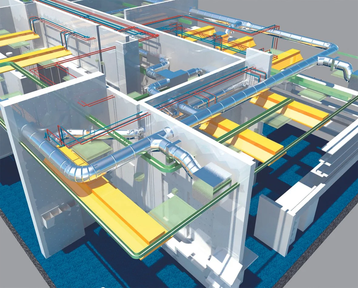 A computer-generated 3D model of a building's HVAC and piping system showing ducts, pipes, and structural elements.