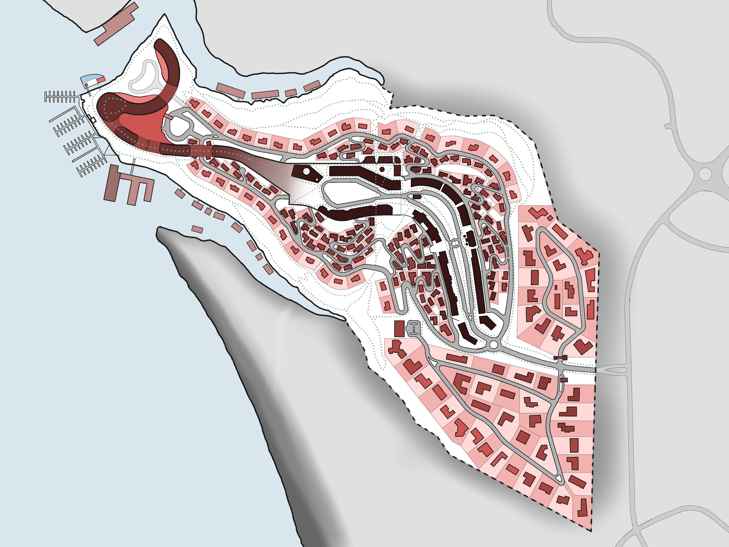 A detailed map of a coastal town showing streets, buildings, and natural features, with a waterfront to the west and major roads entering from the east.