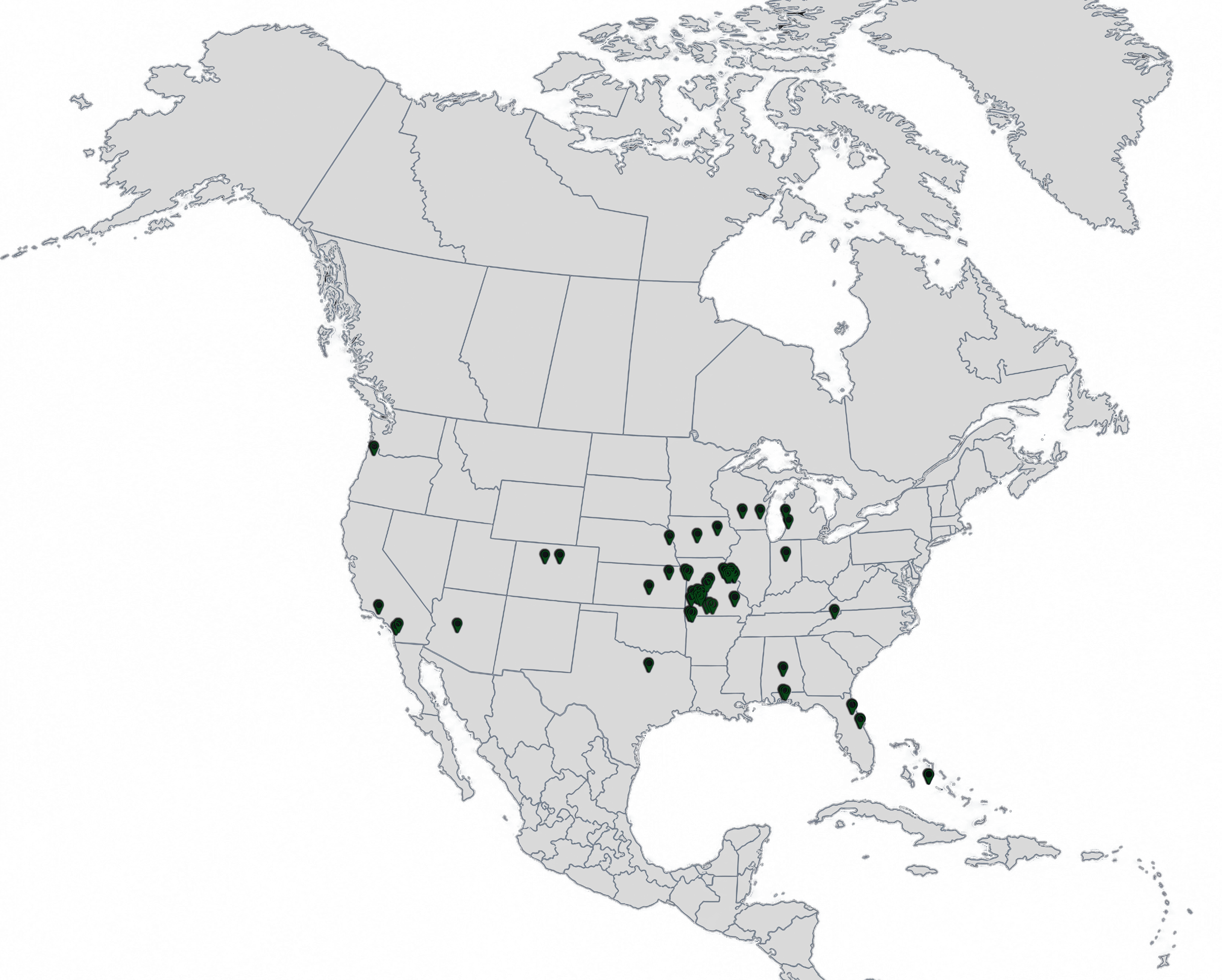 Map of North America showing marked locations in the United States, including California, Texas, Florida, and other states, with markers indicating specific points across the country and in Mexico and South America.