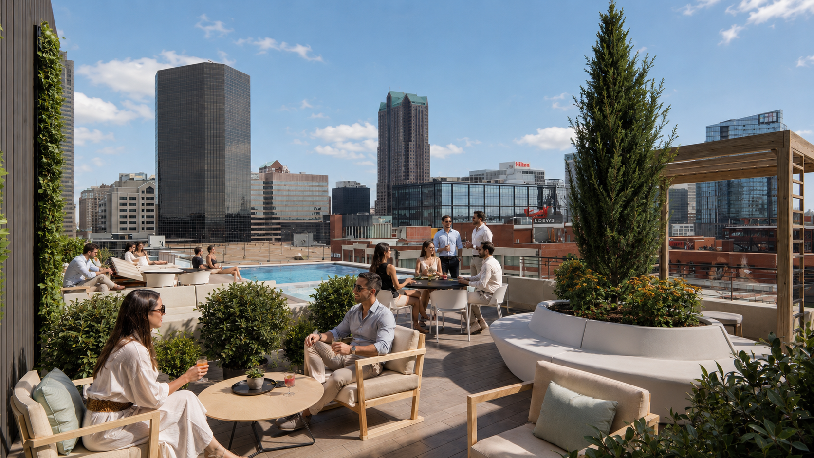 People relaxing and socializing on a rooftop terrace with a pool in an urban setting, surrounded by potted plants and city skyscrapers.