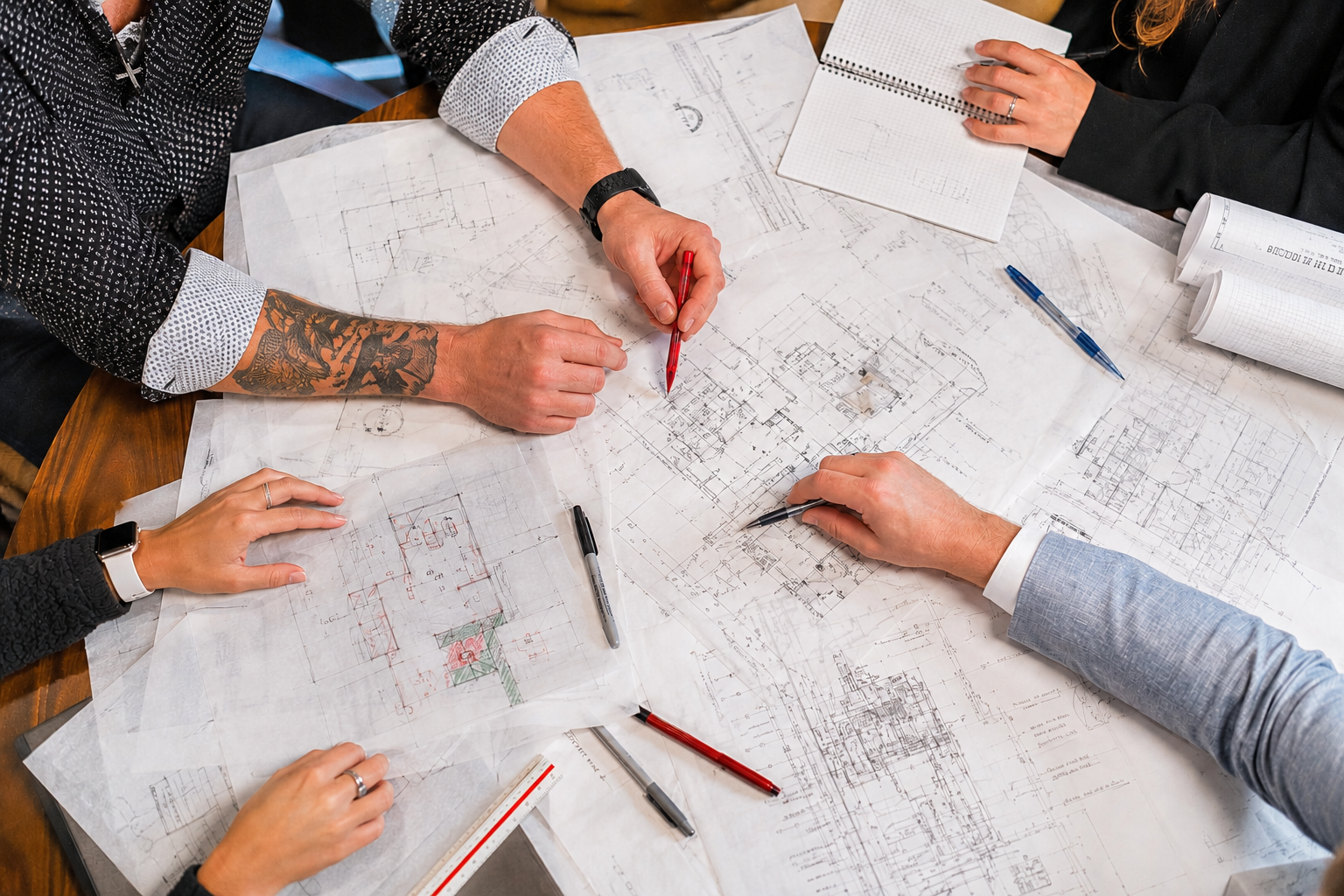 A group of people gathered around a table reviewing architectural blueprints and sketches, with various drawing tools on the table.