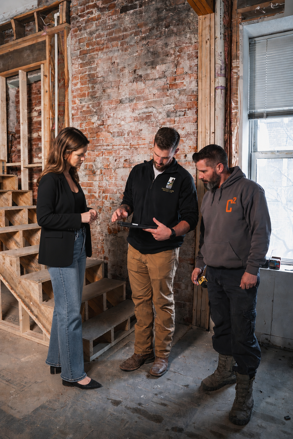 Three construction workers standing inside a partially built home, reviewing plans or documents, with exposed brick wall and wooden stairs in the background.