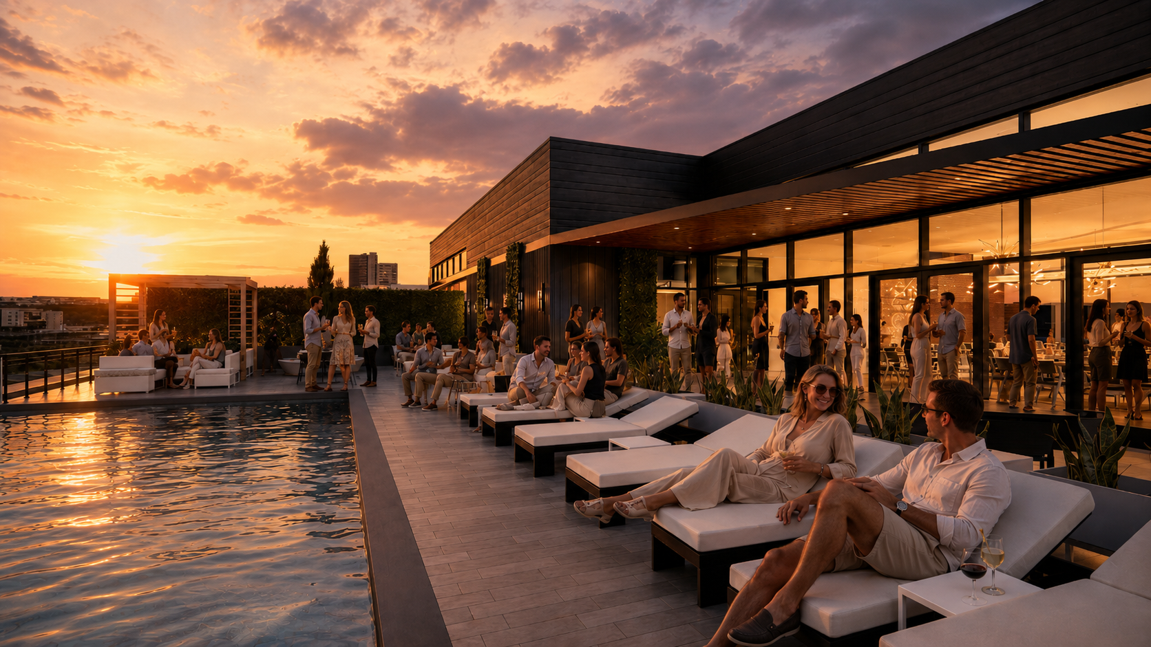People socializing on a rooftop terrace during sunset, with some sitting on lounge chairs near a pool, others standing and chatting, and a modern building with large glass windows in the background.