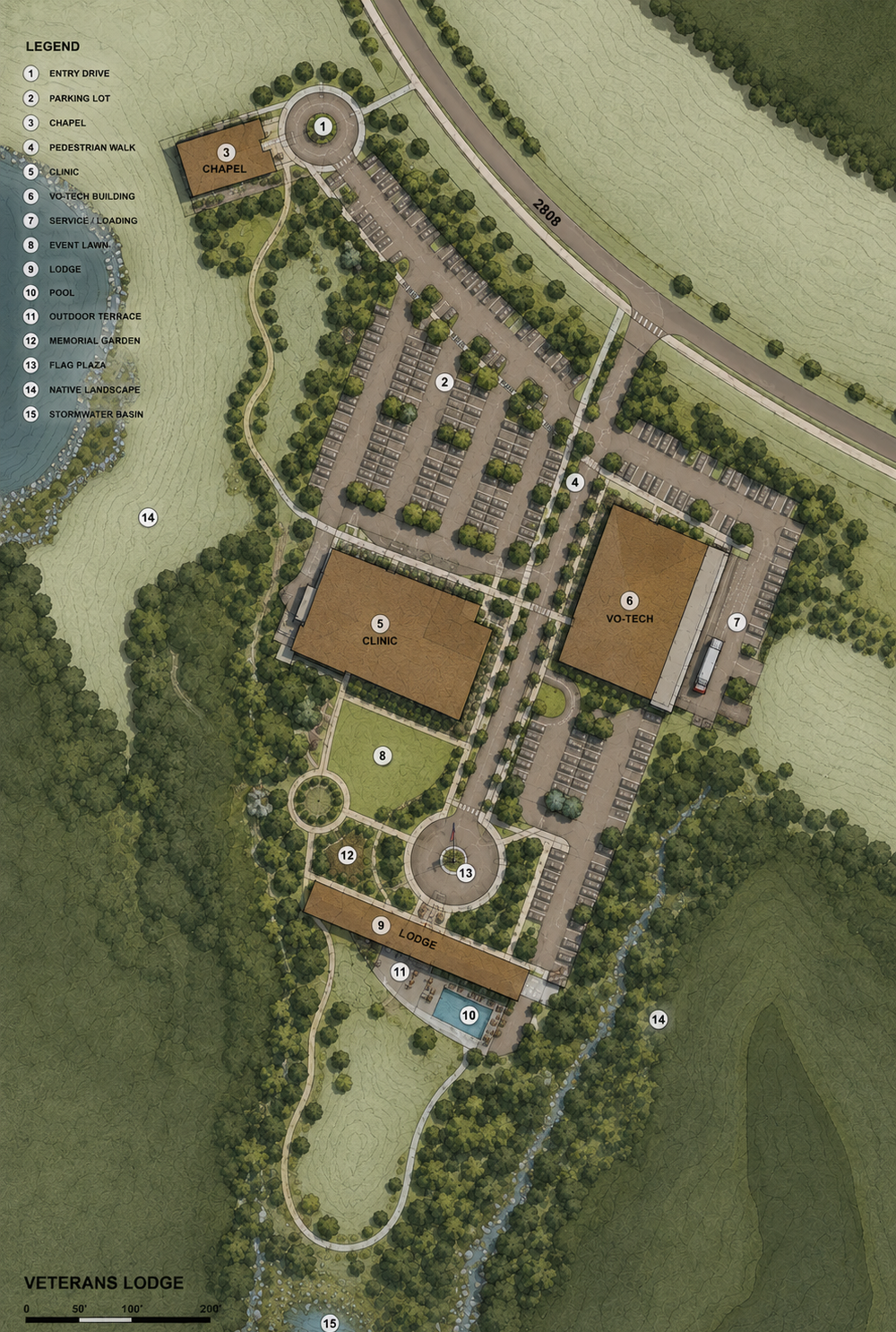 A detailed site plan of Vets' Veterans Lodge, showing buildings, parking, roads, natural landscape, water features, and amenities like a pool and lodge. Key features include a chapel, clinic, VO-TECH building, lodge, pond, native landscape, and stormwater basin.