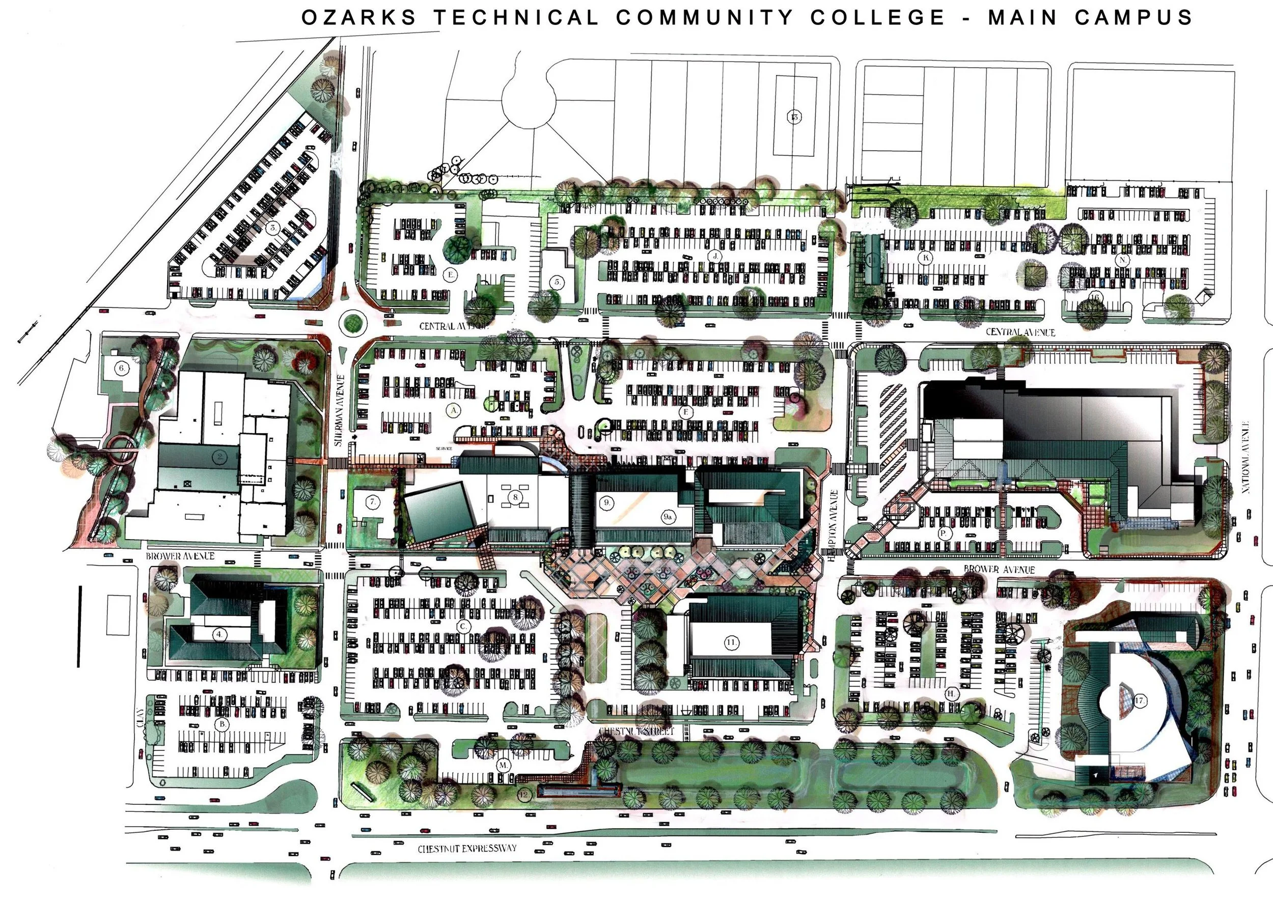 Campus map of Ozarks Technical Community College main campus showing parking lots, roads, and green spaces.