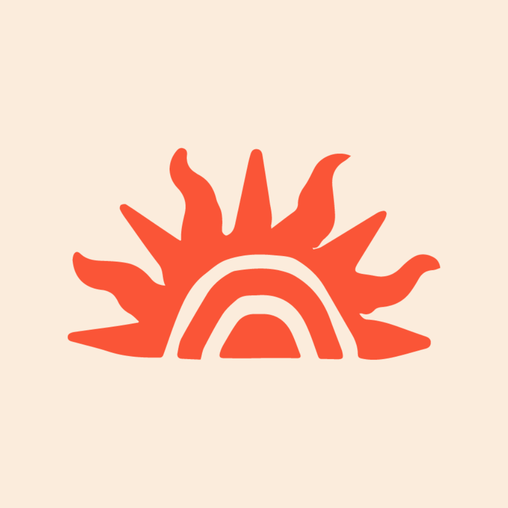 Abstract illustration of a sun with rays and a rainbow in shades of orange and beige.