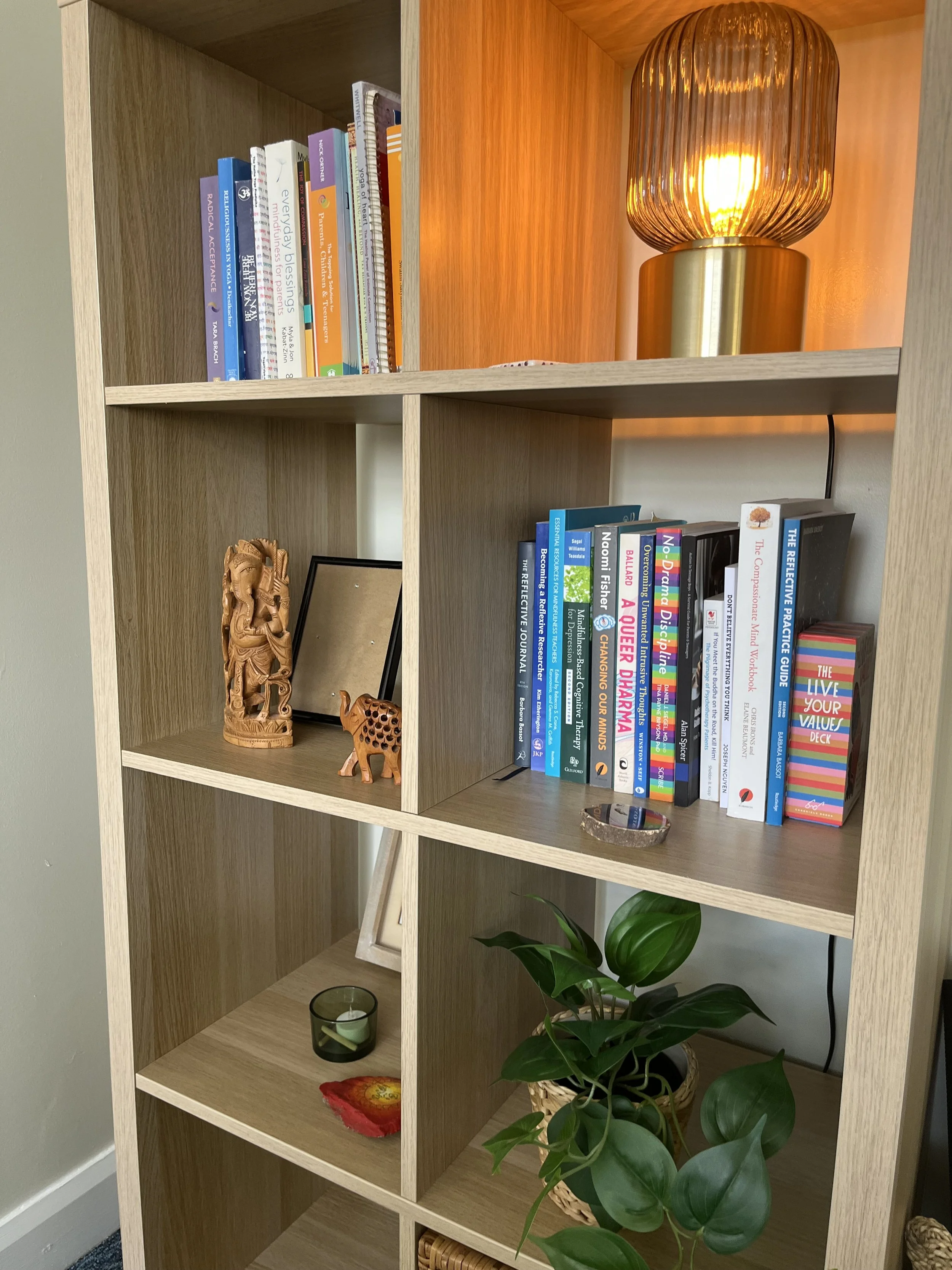 A wooden bookshelf with multiple compartments. The top right compartment has a lit amber-colored table lamp with a ribbed glass shade. The middle shelf contains a collection of books, a small carved wooden elephant, and a framed photograph. The bottom shelf has a glass candle holder, a decorative red and yellow object, and a green potted plant with large, glossy leaves.
