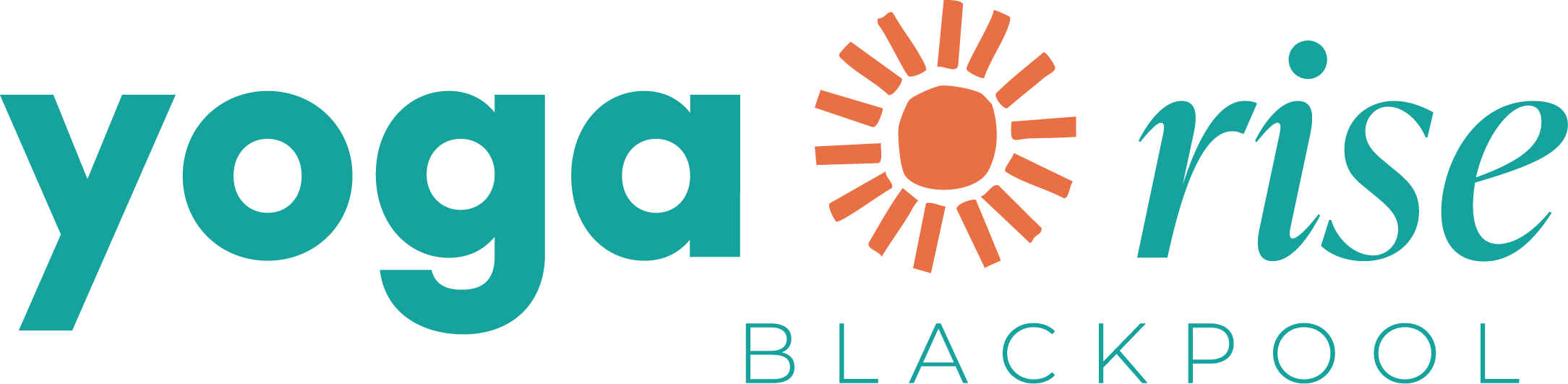 Logo for yoga rise Blackpool with stylized sun graphic and text in teal and orange.