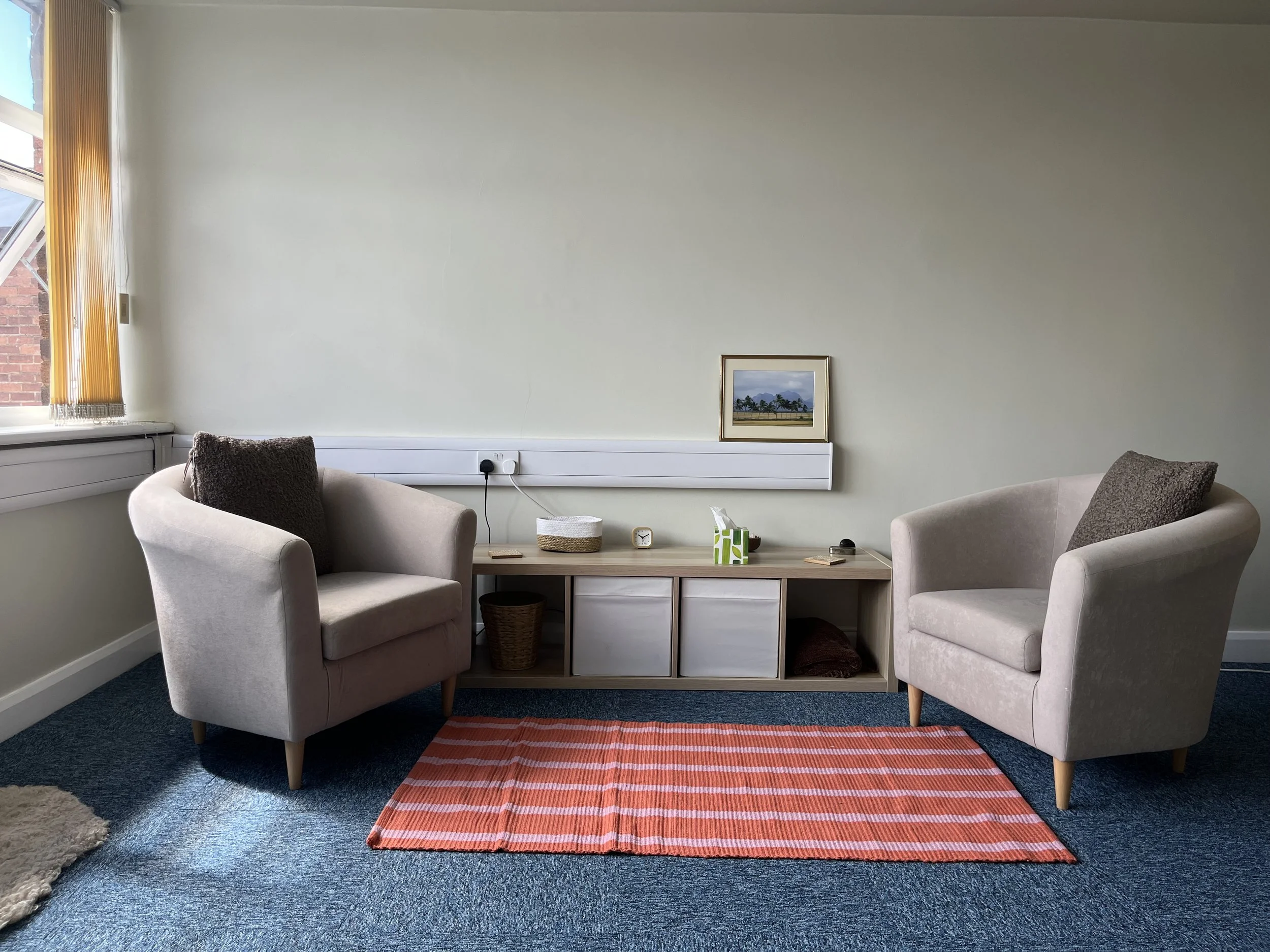 Living room with two beige armchairs, a wooden shelf with decor, framed picture of mountains and trees, window with yellow blinds, blue carpet, and a striped orange rug.