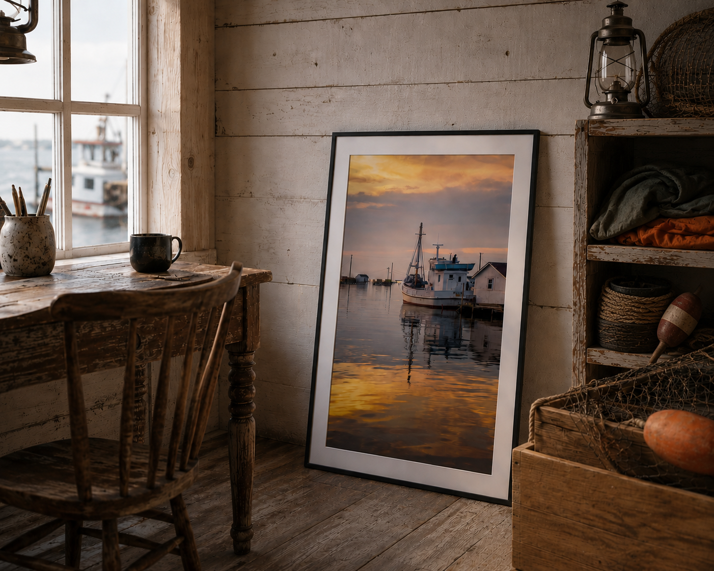 Interior scene of a rustic room with a wooden table and chairs, a framed sunrise photograph of a classic Chesapeake deadrise on the water leaning against the wall, and shelves with fishing nets, baskets, and clothing.