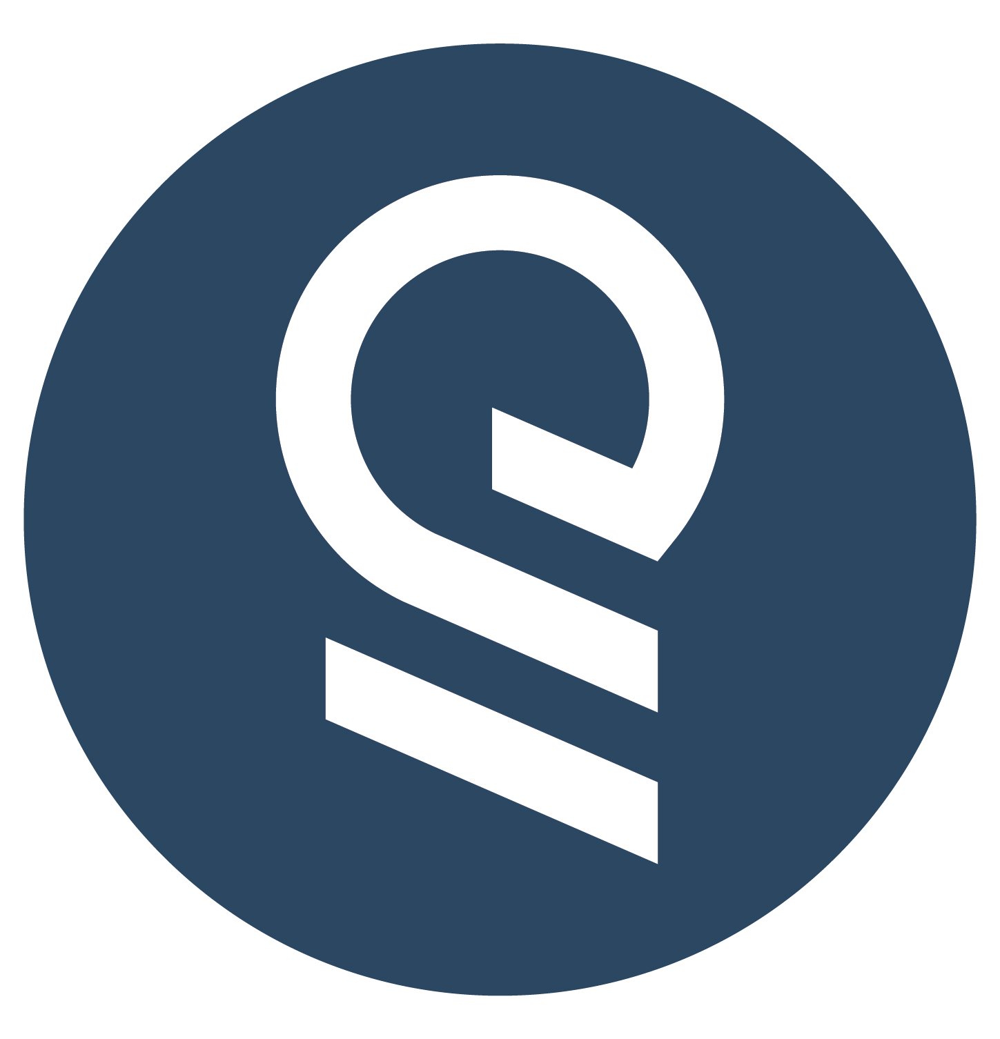 A stylized logo with a dark blue circular background and a white abstract symbol resembling a lowercase 'q' with a striped tail.