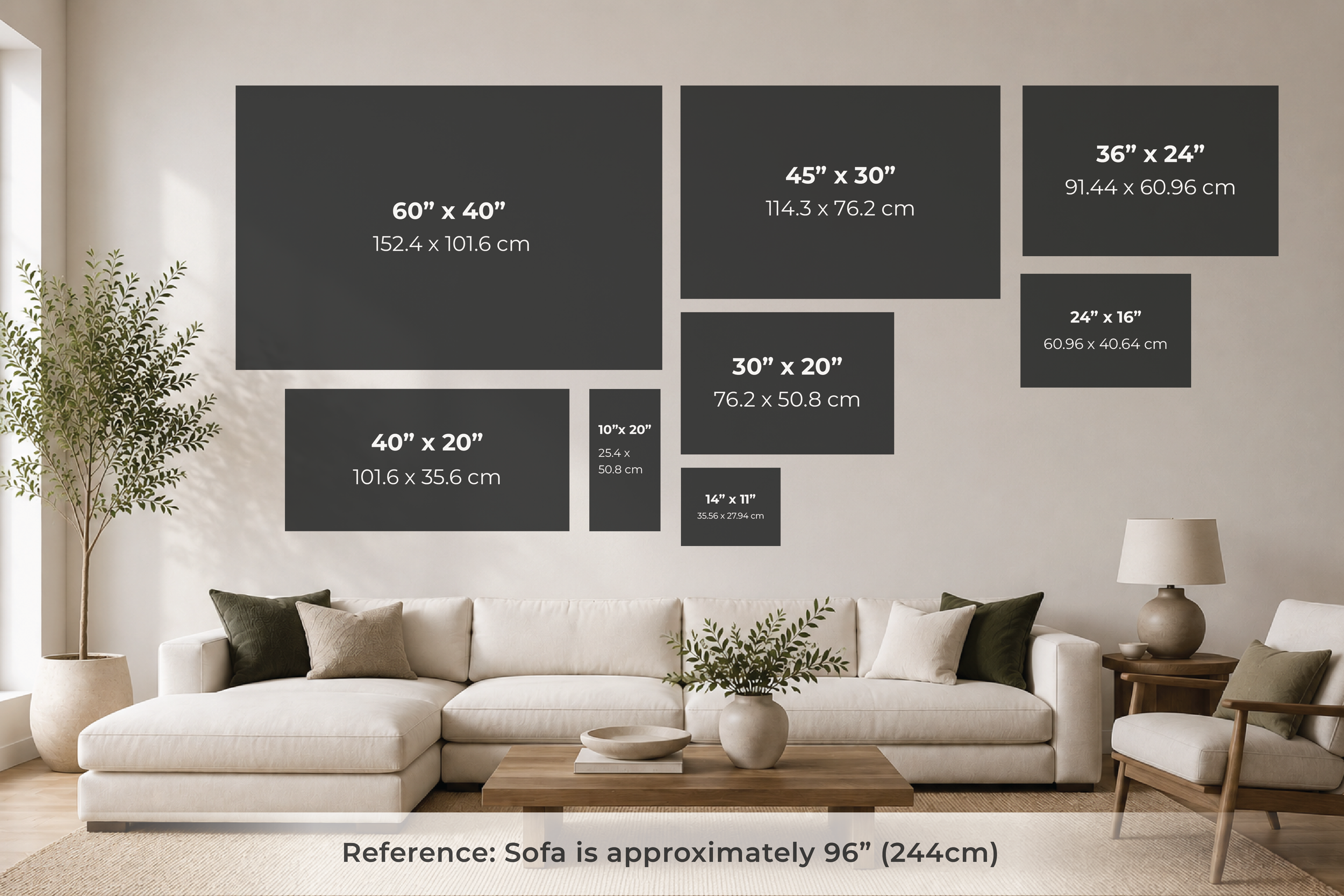 Diagram of various sizes for a gallery wall on a living room wall, with measurements in inches and centimeters for each frame, next to a white sofa, plant, and lamp.