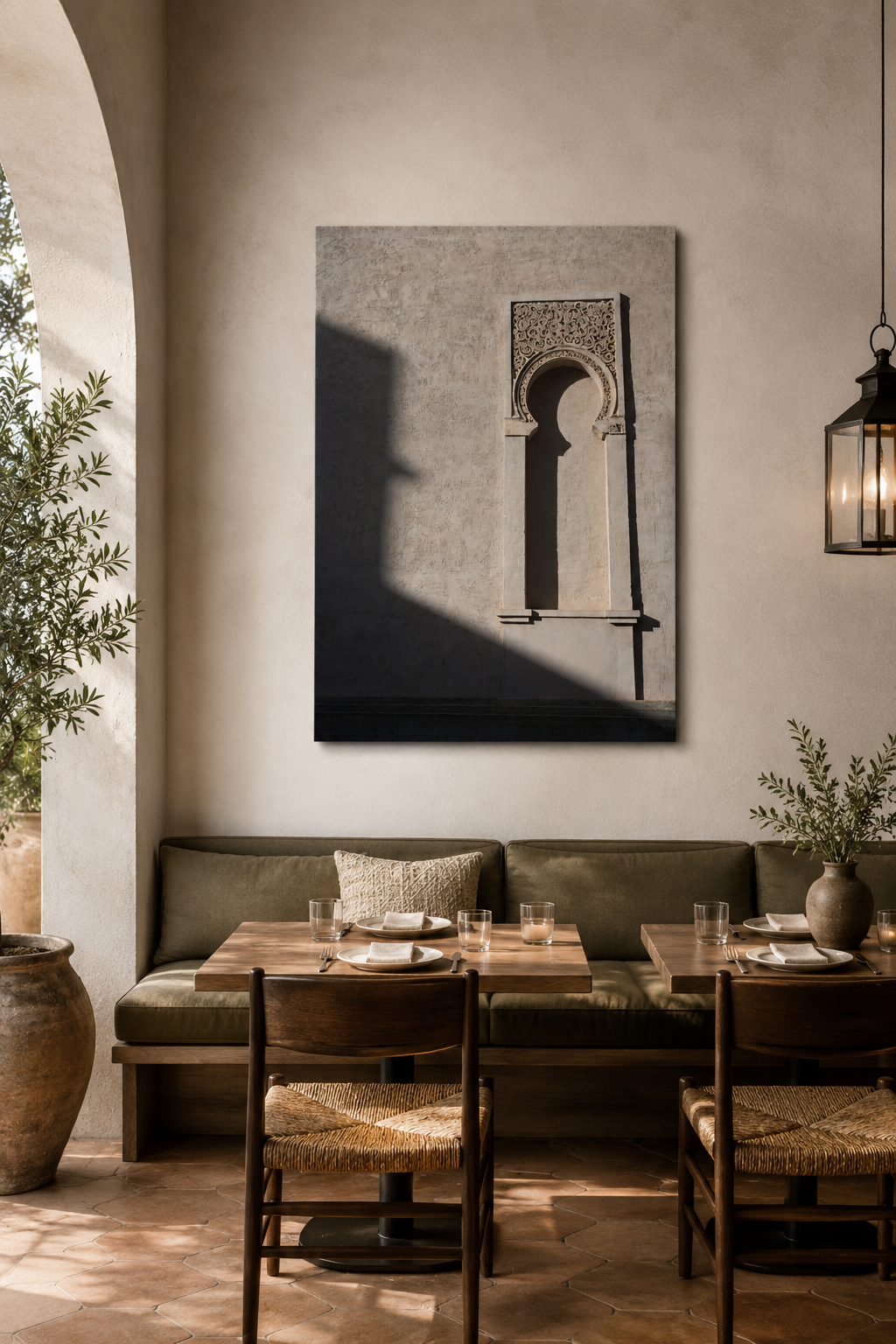 A cozy dining area with a wooden table set with plates, glasses, and napkins, accompanied by a cushioned bench and wooden chairs, decorated with potted plants and a large wall art depicting an architectural arch.