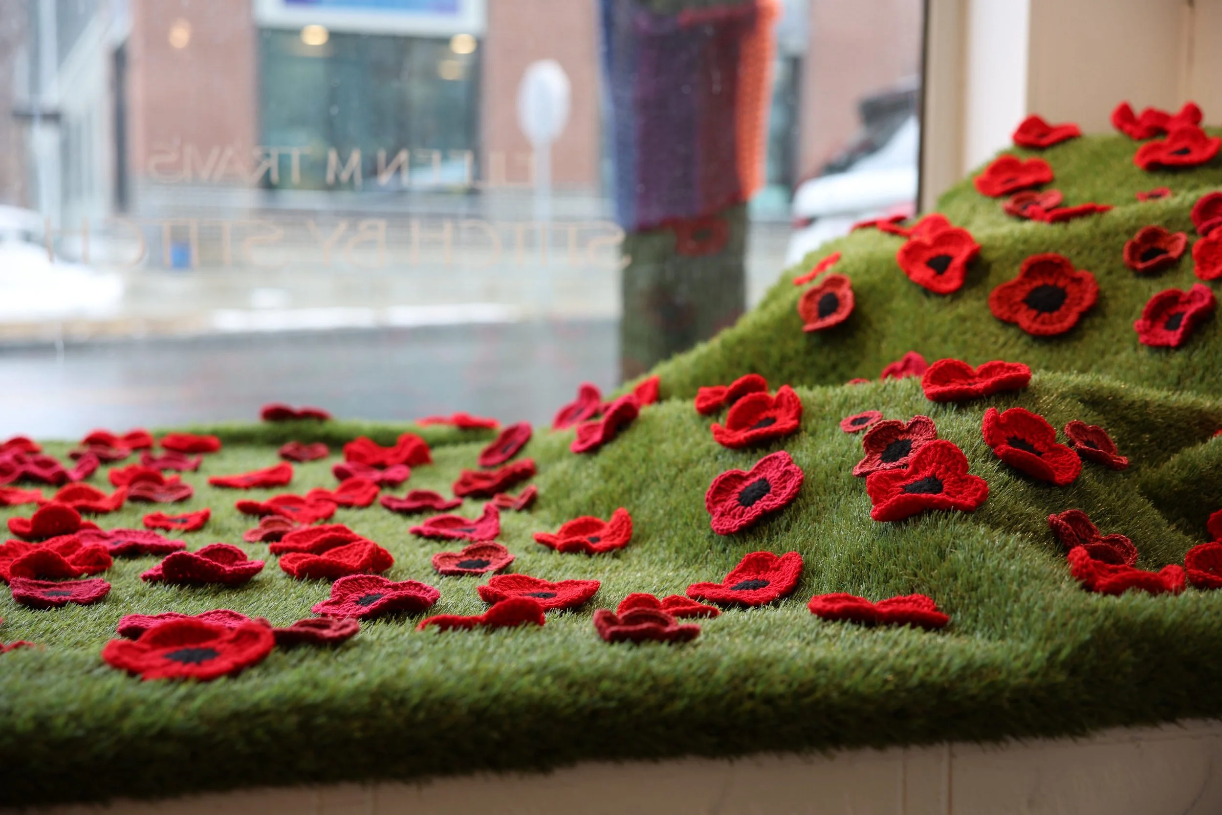 A display of red yarn poppy flowers arranged on a green grassy mound inside a building, with a window showing an outdoor scene with buildings and a street.