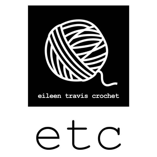 Logo with a ball of yarn and the text 'eileen travis crochet' above 'etc' on a black background.