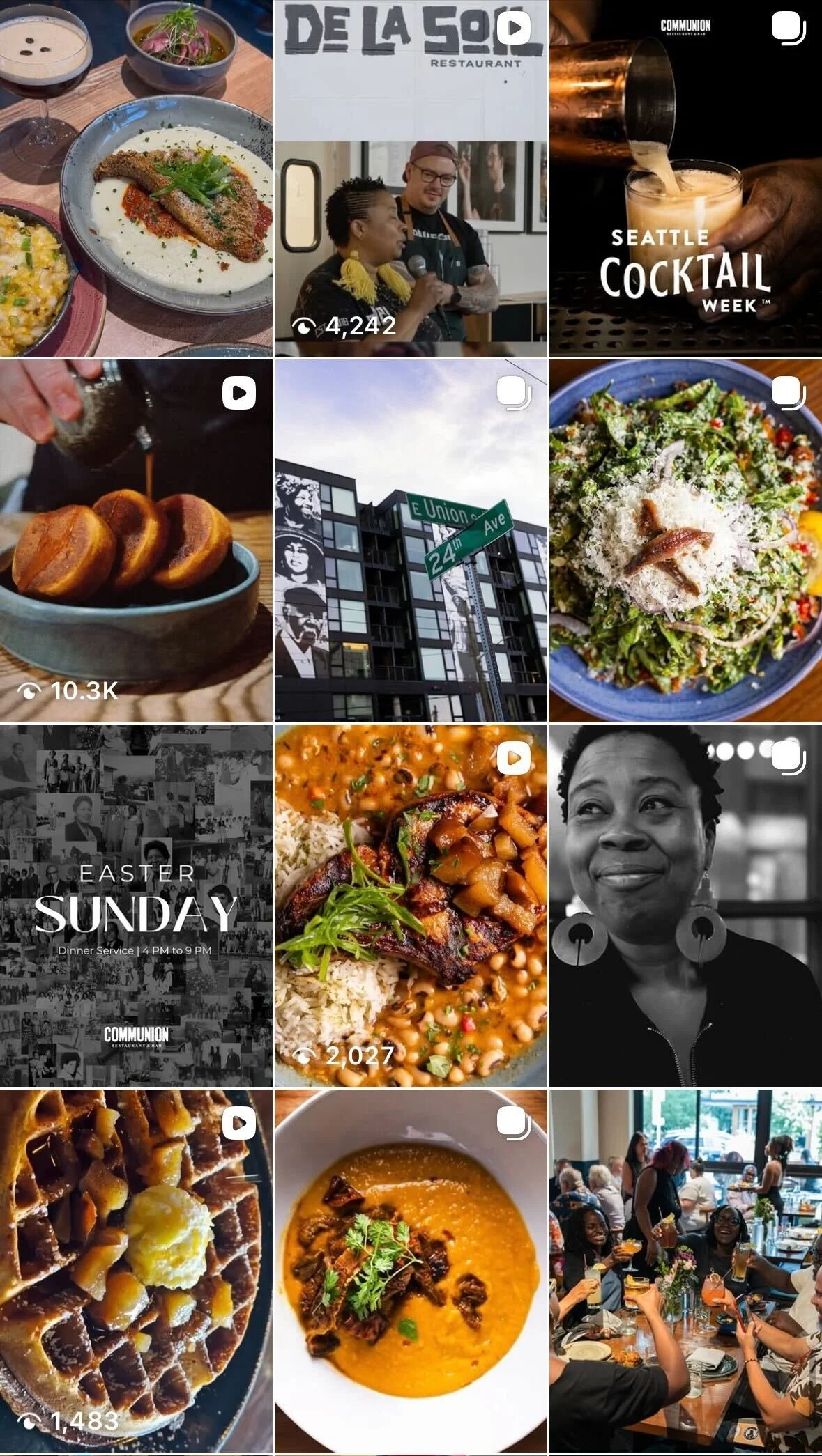 A collage of images showing food, drinks, a restaurant exterior with street signs, a panel discussion, and a group of people dining at a restaurant, celebrating Easter Sunday with smiles and drinks.