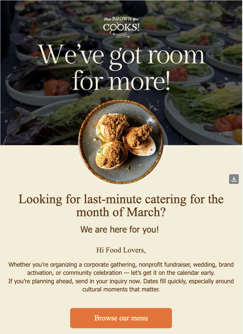 Promotional flyer for a catering service with an image of assorted salads in the background and a small plate of fried food at the center. The text promotes last-minute catering bookings for March.