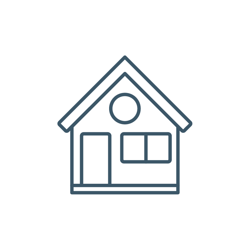 Outline of a house with a gable roof, a front door, and a window, depicted in a simple line drawing.