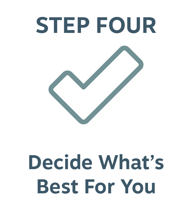 Step four in a decision-making process, featuring a large checkmark icon and the text 'STEP FOUR Decide What's Best For You' in blue and gray fonts.