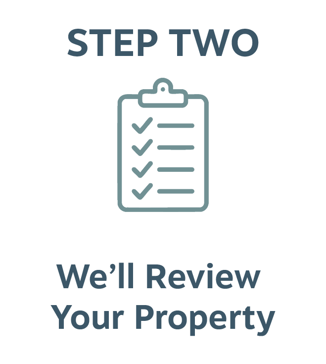A graphic with the text 'STEP TWO: We'll Review Your Property' and an icon of a checklist on a clipboard.