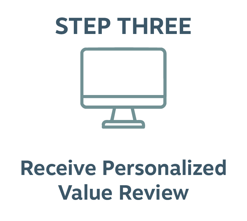 Illustration of a computer monitor with the text 'STEP THREE' above it and 'Receive Personalized Value Review' below, indicating the third step in a process.