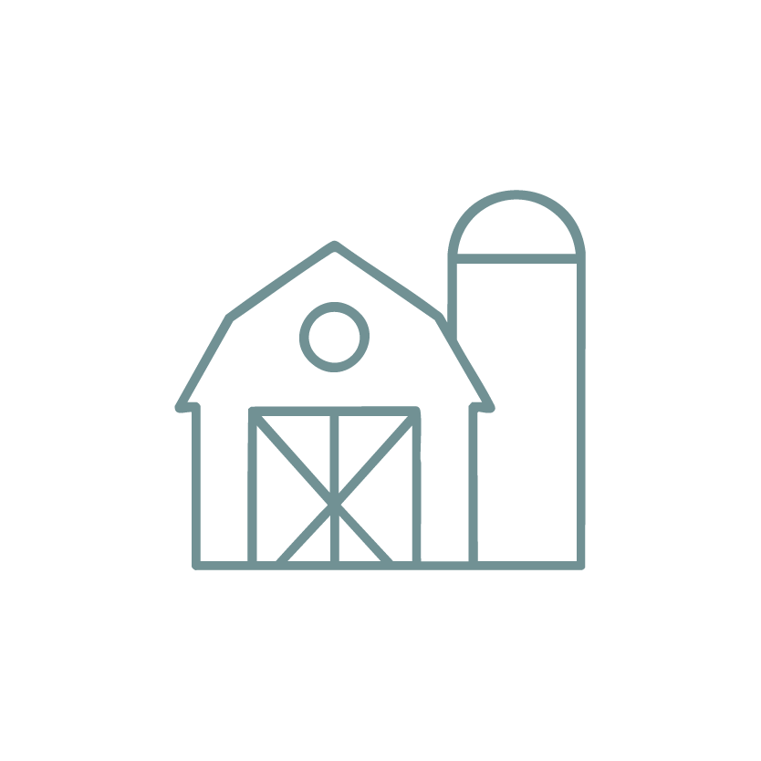 Line drawing of a barn with a silo beside it.