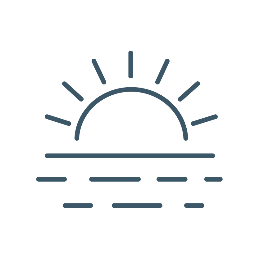 Minimalist icon of a sunrise over water with dotted reflection lines.