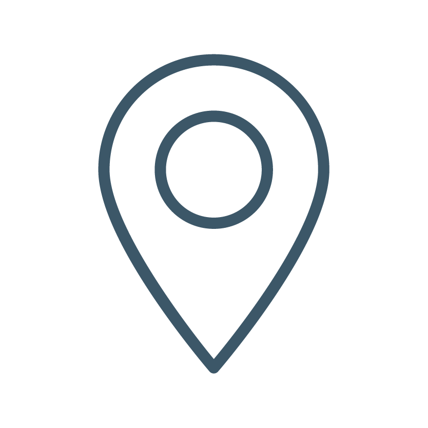 A blue outlined map location pin icon on a black background.
