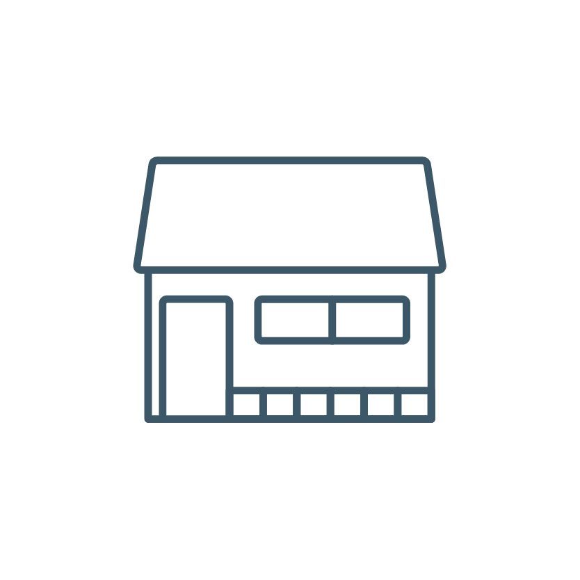 Simplified line drawing of a house with a gabled roof, a door, and window, on a black background.