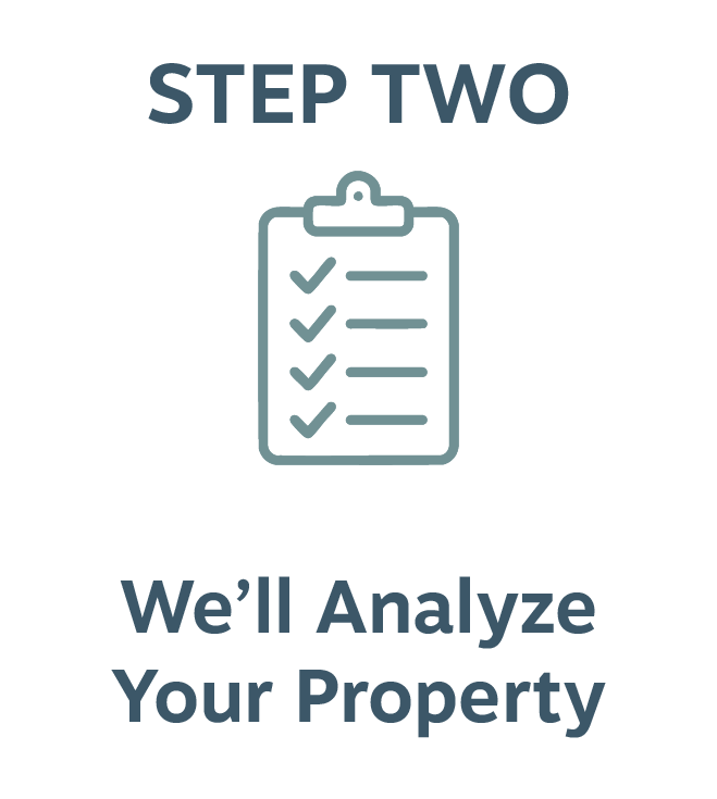 Step two in a process, represented by a checklist on a clipboard, with text indicating "We'll Analyze Your Property".