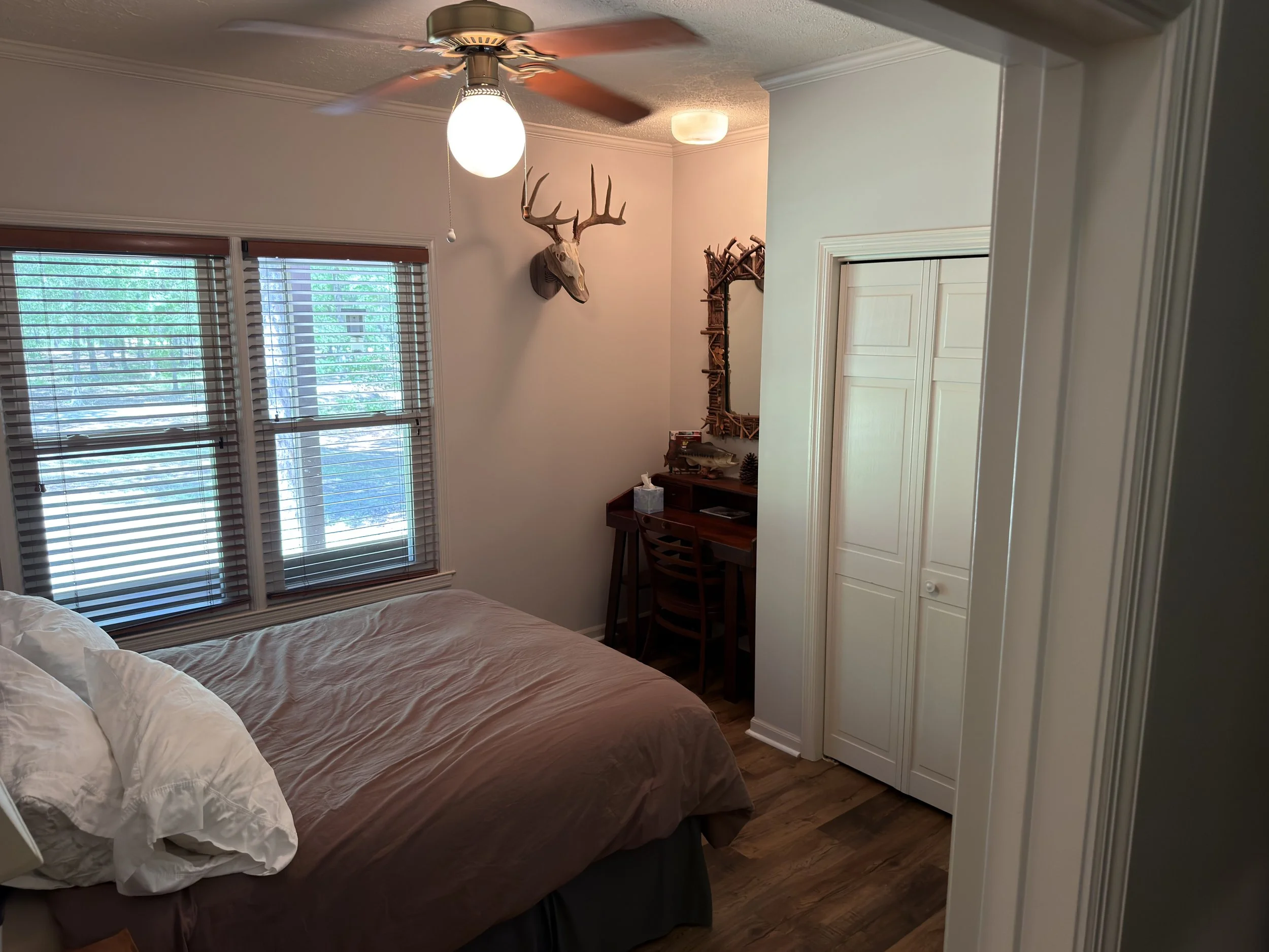 Bedroom with a bed in the foreground, two windows with blinds, a ceiling fan with light, a mounted deer skull with antlers on the wall, a mirror, and a wooden desk with a chair.