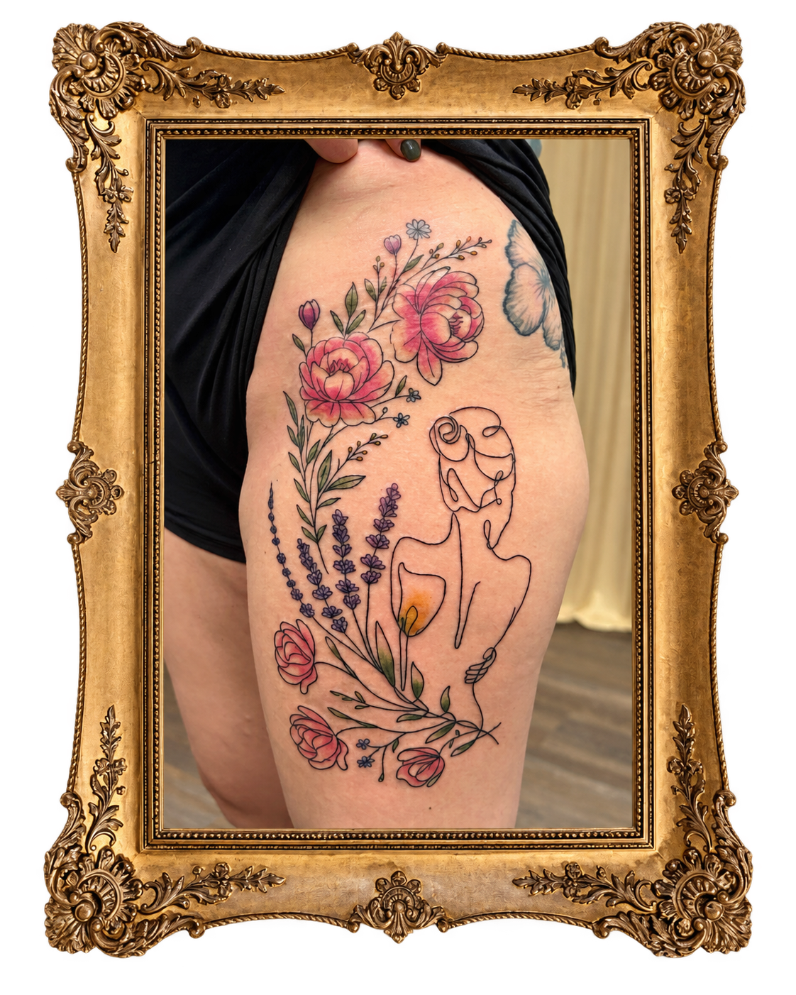 Collection of delicate fine line patchwork tattoos featuring small illustrative designs, floral details, and personalized artwork arranged along the arm by Wander + Lost Ink in Bellingham, WA.