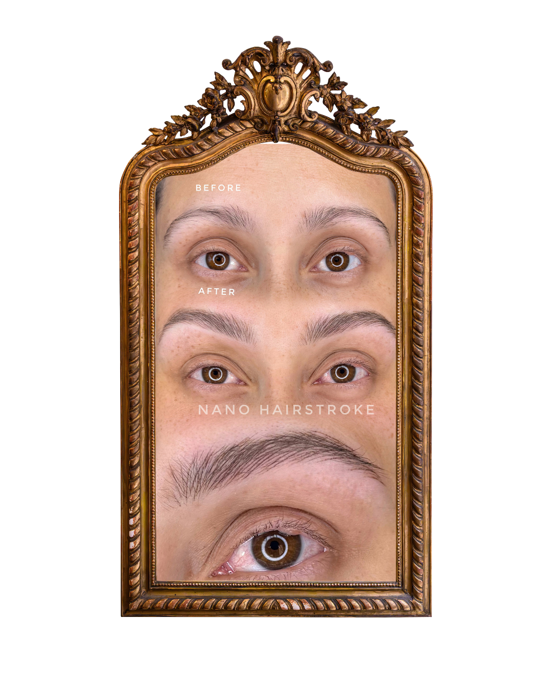 Before, during, and after results of nano brows permanent makeup, showcasing natural-looking machine hair strokes and enhanced eyebrow definition by Wander + Lost Ink in Bellingham, Washington.