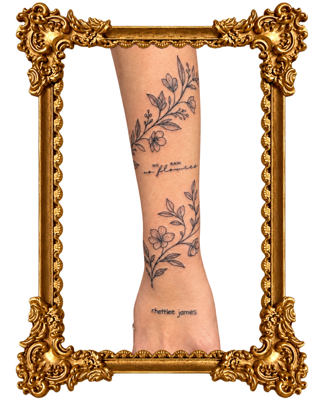 Tattoo of floral design with the quote "no rain no flowers" on a person's lower leg, framed by a decorative gold ornate frame.