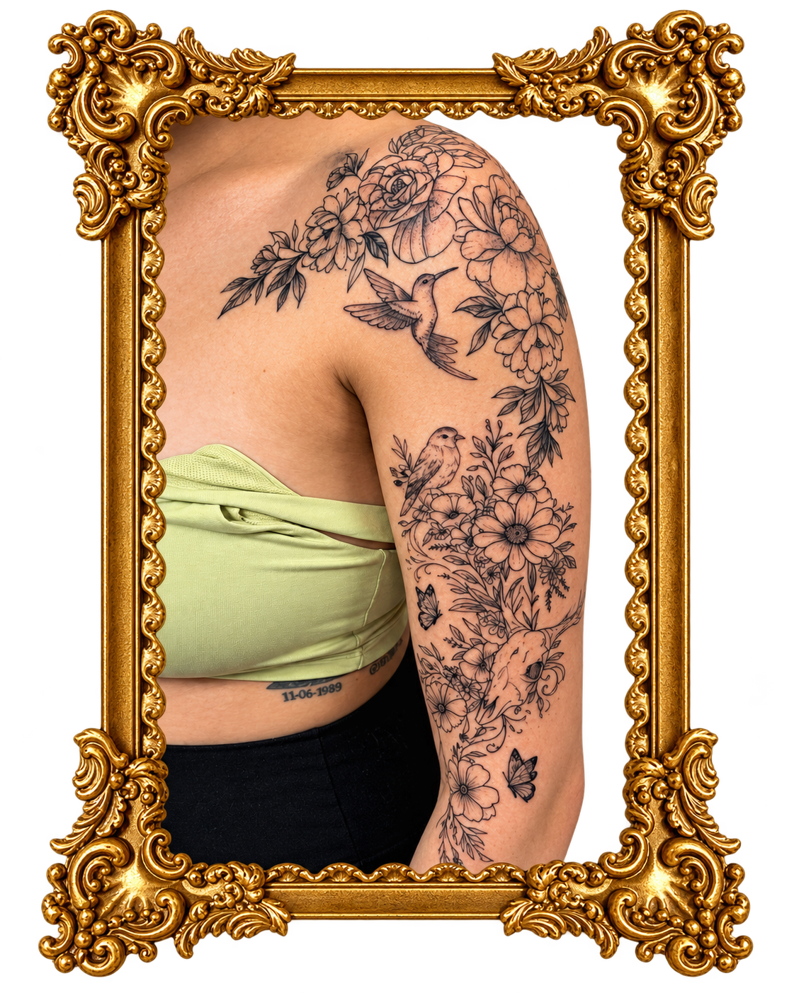 Custom feminine floral tattoo sleeve featuring delicate botanical designs and nature-inspired artwork extending from the shoulder down the arm, created by Wander + Lost Ink in Bellingham, WA.