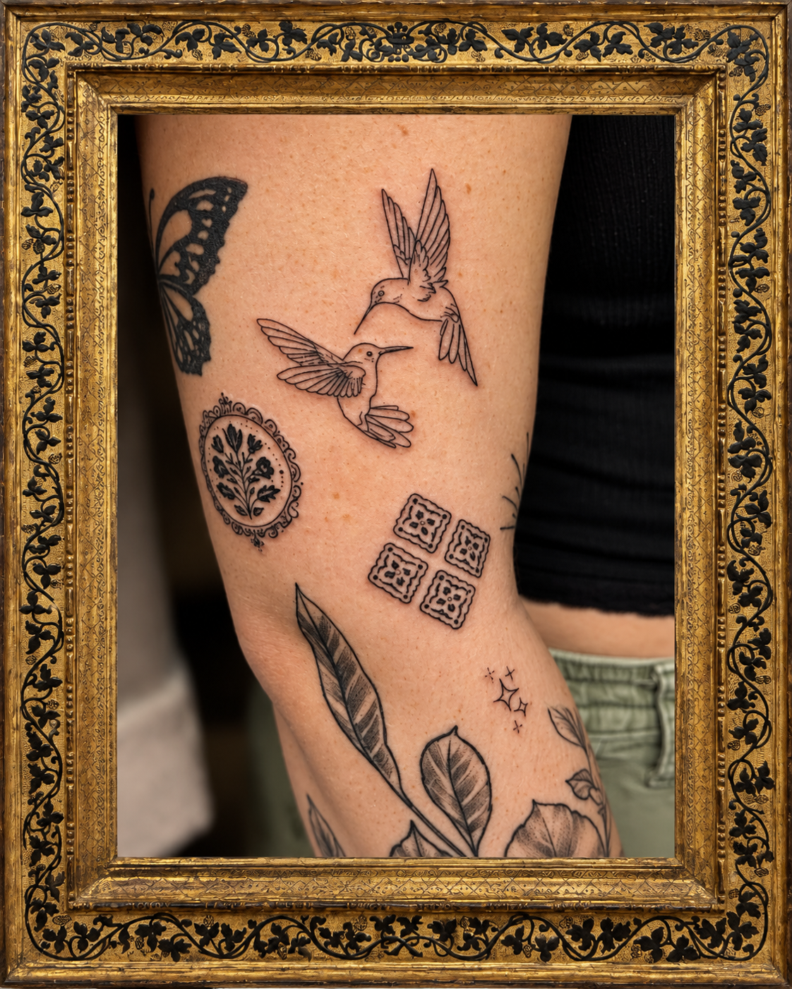 Collection of small custom fine line tattoos featuring whimsical illustrations, tiny symbols, and personalized designs on an arm by Wander + Lost Ink in Bellingham, Washington.