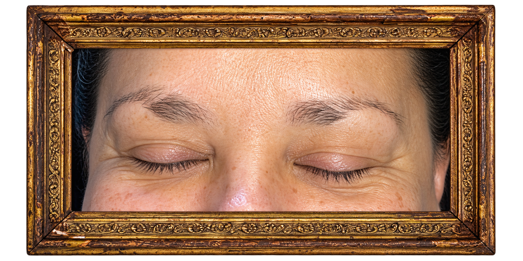 Before nano brows permanent makeup, showing natural eyebrows with sparse areas and uneven fullness prior to cosmetic tattoo enhancement at Wander + Lost Ink.