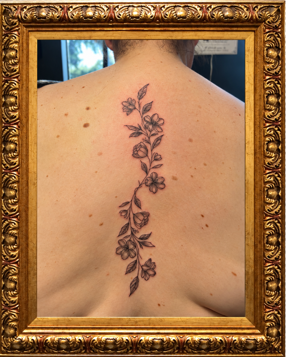 A black outline tattoo of a flowering vine runs vertically down the person's back, framed in an ornate gold frame.